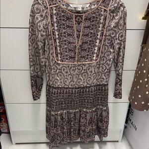 Veronica Beard Brown and Cream Paisley Long-Sleeve Smocked-Waist Dress